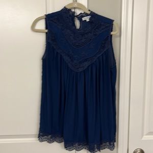 Navy blue polyester and lace high neck tank